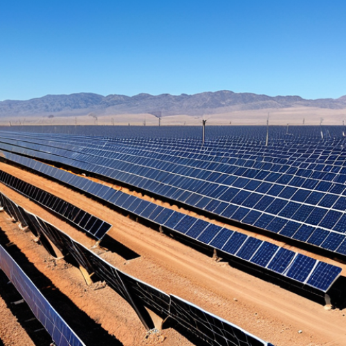 Home 19 **Image Prompt:** A vibrant solar farm in Nevada under a clear blue sky, with rows of gleaming solar panels stretching to the horizon. In the distance, a modern city skyline is faintly visible, powered by the clean energy generated by the farm. Focus on the scale and potential of solar energy to power urban centers.