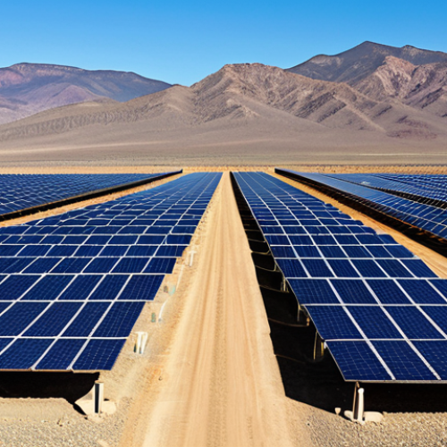 Home 18 **
A vibrant photo showcasing a vast solar farm in the Nevada desert under a clear blue sky. The image emphasizes the scale and investment in solar energy, with state-of-the-art solar panels stretching towards the horizon. In the background, heat shimmers slightly off the panels, representing the energy being generated. The overall impression should be one of clean energy innovation and technological advancement, possibly with a highway in the distance to show scale.
**