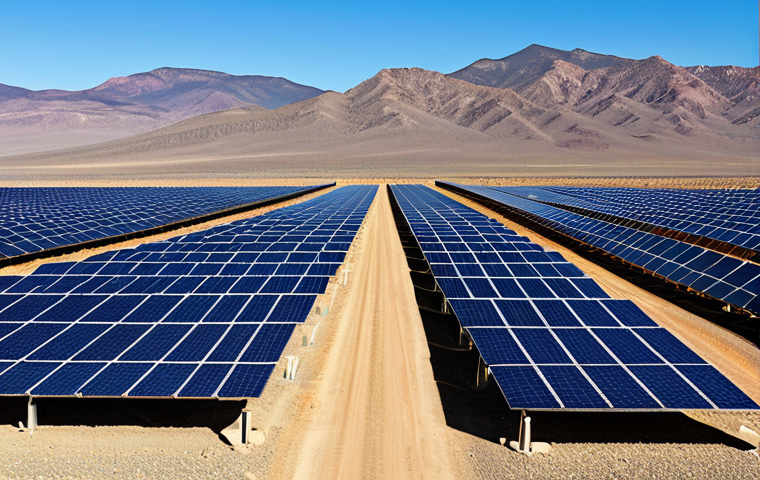 **
A vibrant photo showcasing a vast solar farm in the Nevada desert under a clear blue sky. The image emphasizes the scale and investment in solar energy, with state-of-the-art solar panels stretching towards the horizon. In the background, heat shimmers slightly off the panels, representing the energy being generated. The overall impression should be one of clean energy innovation and technological advancement, possibly with a highway in the distance to show scale.
**