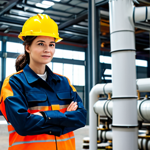 Home 17 A professional female engineer, fully clothed in a modest, high-visibility work jacket over a collared shirt and safety pants, wearing a hard hat, stands confidently in a modern industrial facility. In the background, large, clean industrial pipes and subtle elements suggesting an underground geothermal system are visible, with a digital display showing energy efficiency metrics. The lighting is bright and clean, emphasizing innovation. Perfect anatomy, correct proportions, natural pose, well-formed hands, proper finger count, natural body proportions, professional photography, high quality, safe for work, appropriate content, fully clothed, professional dress.