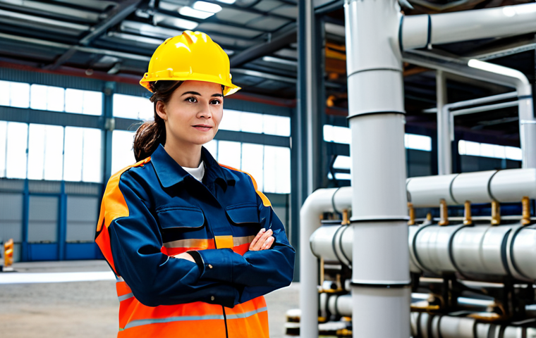 A professional female engineer, fully clothed in a modest, high-visibility work jacket over a collared shirt and safety pants, wearing a hard hat, stands confidently in a modern industrial facility. In the background, large, clean industrial pipes and subtle elements suggesting an underground geothermal system are visible, with a digital display showing energy efficiency metrics. The lighting is bright and clean, emphasizing innovation. Perfect anatomy, correct proportions, natural pose, well-formed hands, proper finger count, natural body proportions, professional photography, high quality, safe for work, appropriate content, fully clothed, professional dress.