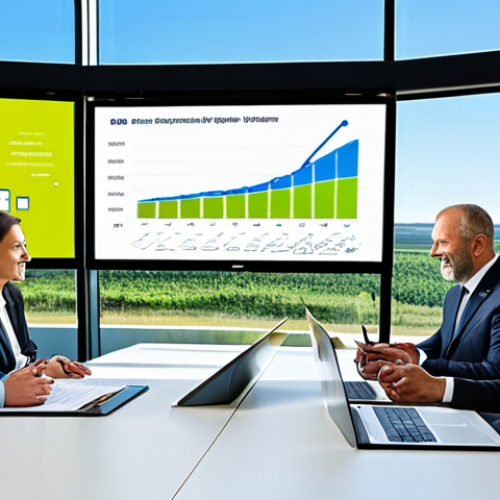 Home 8 A diverse group of five professional business executives, fully clothed in modest business suits and appropriate attire, engaged in a collaborative discussion in a modern, sunlit corporate boardroom. Large digital screens in the background display abstract graphs and charts representing clean energy investment growth. Through a large window, a distant landscape features a sprawling solar farm and modern wind turbines under a clear sky. The scene conveys innovation and strategic planning. Perfect anatomy, correct proportions, natural poses, well-formed hands, proper finger count. High-resolution, professional photography, clean aesthetic, optimistic mood, safe for work, appropriate content, family-friendly.