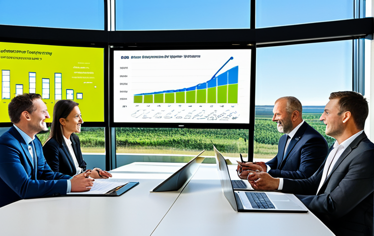 A diverse group of five professional business executives, fully clothed in modest business suits and appropriate attire, engaged in a collaborative discussion in a modern, sunlit corporate boardroom. Large digital screens in the background display abstract graphs and charts representing clean energy investment growth. Through a large window, a distant landscape features a sprawling solar farm and modern wind turbines under a clear sky. The scene conveys innovation and strategic planning. Perfect anatomy, correct proportions, natural poses, well-formed hands, proper finger count. High-resolution, professional photography, clean aesthetic, optimistic mood, safe for work, appropriate content, family-friendly.