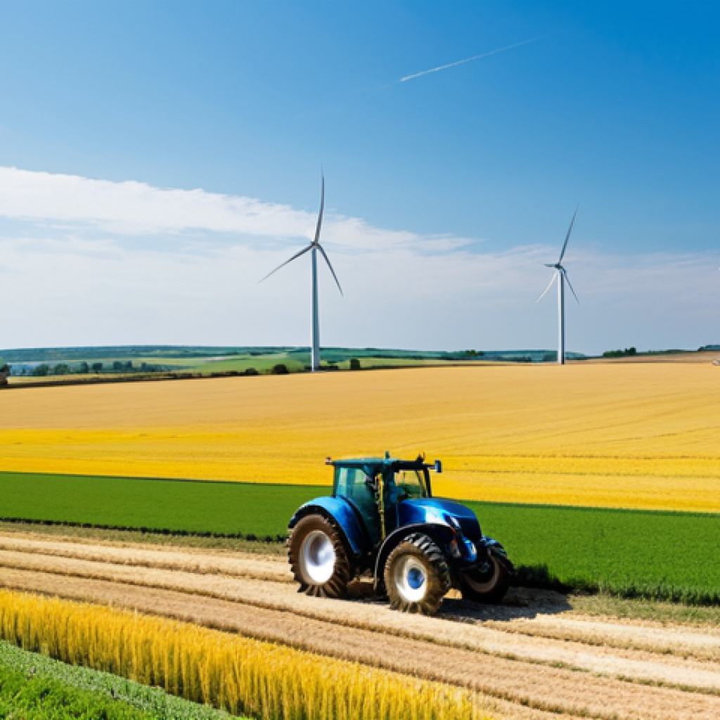 Wind Turbine and Farm Landscape**

"A picturesque view of a working farm with a modern wind turbine in the background. Golden fields of wheat stretch towards the horizon. Farm equipment is visible, such as a tractor. The sky is blue with scattered clouds. The scene evokes a sense of sustainability and innovation. fully clothed, appropriate attire, safe for work, perfect anatomy, natural proportions, professional photography, high quality, farmland, daytime, bright sunlight, renewable energy, professional, modest, family-friendly."

**