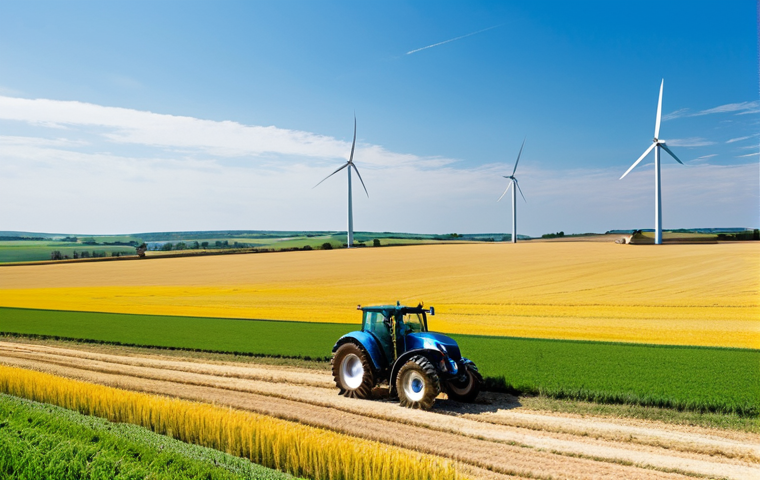 Wind Turbine and Farm Landscape**

"A picturesque view of a working farm with a modern wind turbine in the background. Golden fields of wheat stretch towards the horizon. Farm equipment is visible, such as a tractor. The sky is blue with scattered clouds. The scene evokes a sense of sustainability and innovation. fully clothed, appropriate attire, safe for work, perfect anatomy, natural proportions, professional photography, high quality, farmland, daytime, bright sunlight, renewable energy, professional, modest, family-friendly."

**