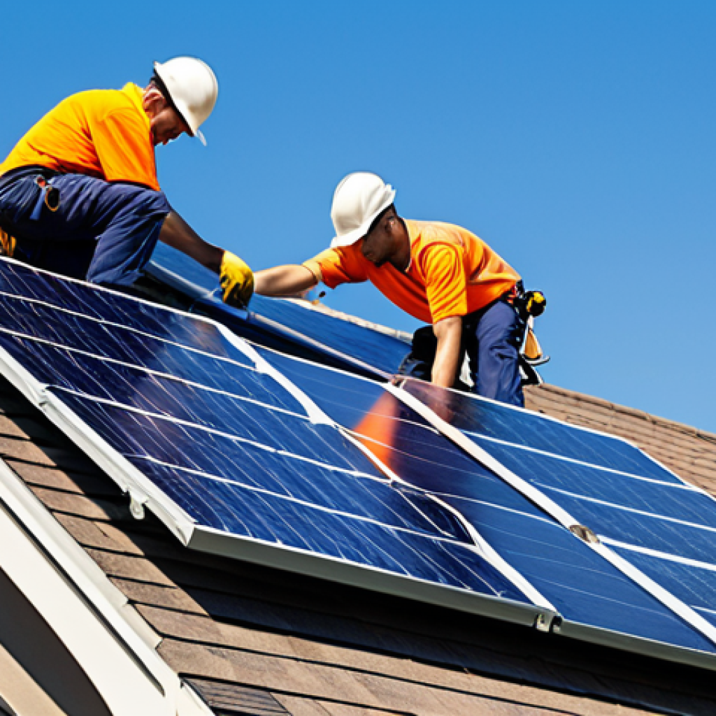 재생 가능 에너지 정책 - Solar Panel Installation**

"A crew of professional solar panel installers working on the roof of a ...