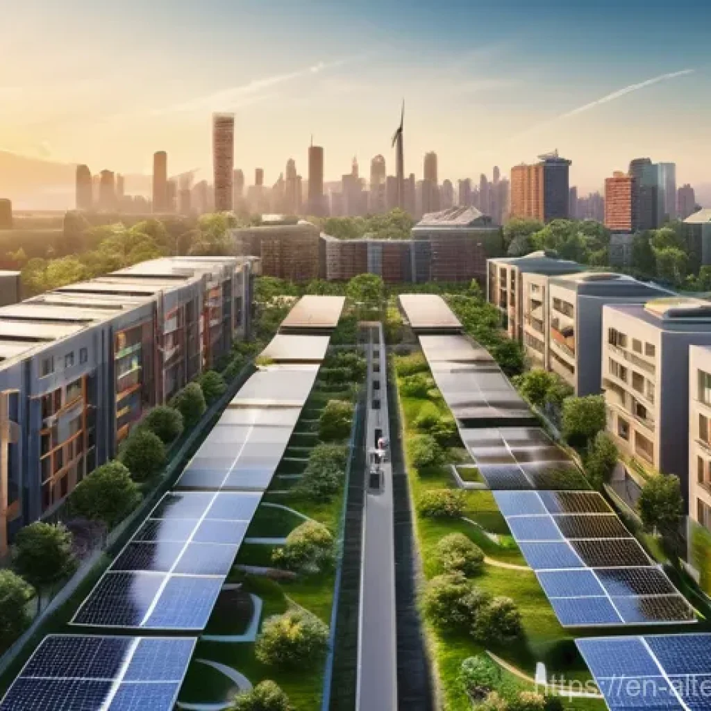 대체에너지 시장 성장 전망 - **Prompt:** A vibrant, bustling cityscape at sunrise, where modern skyscrapers are seamlessly integr...