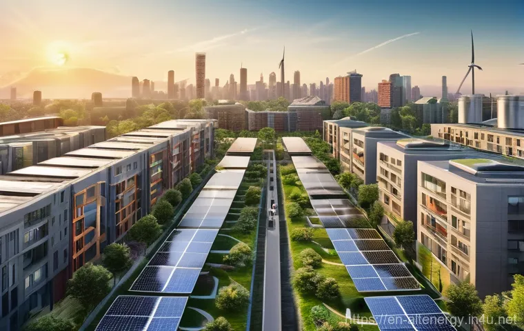 대체에너지 시장 성장 전망 - **Prompt:** A vibrant, bustling cityscape at sunrise, where modern skyscrapers are seamlessly integr...