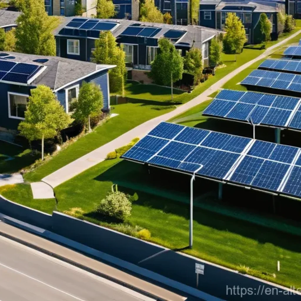 대체에너지의 시장 침투 - **Prompt:** A vibrant, diverse suburban neighborhood under a clear blue sky, where every home proudl...