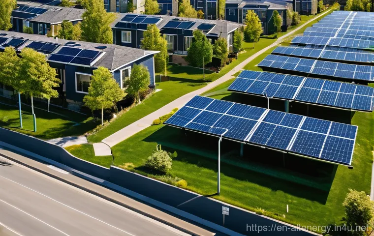대체에너지의 시장 침투 - **Prompt:** A vibrant, diverse suburban neighborhood under a clear blue sky, where every home proudl...