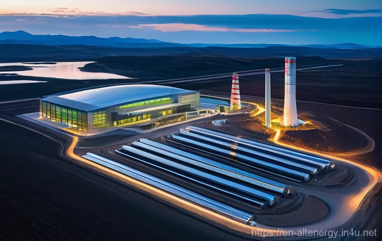 지열 발전소 설계 - **A highly advanced geothermal power plant operating in a pristine, natural landscape.** The plant f...