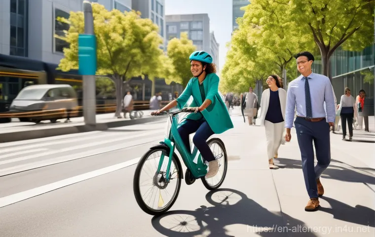 탄소 배출 감소 - **Prompt: Greener Commutes for a Brighter Tomorrow**
    "A vibrant, wide-angle, highly detailed pho...