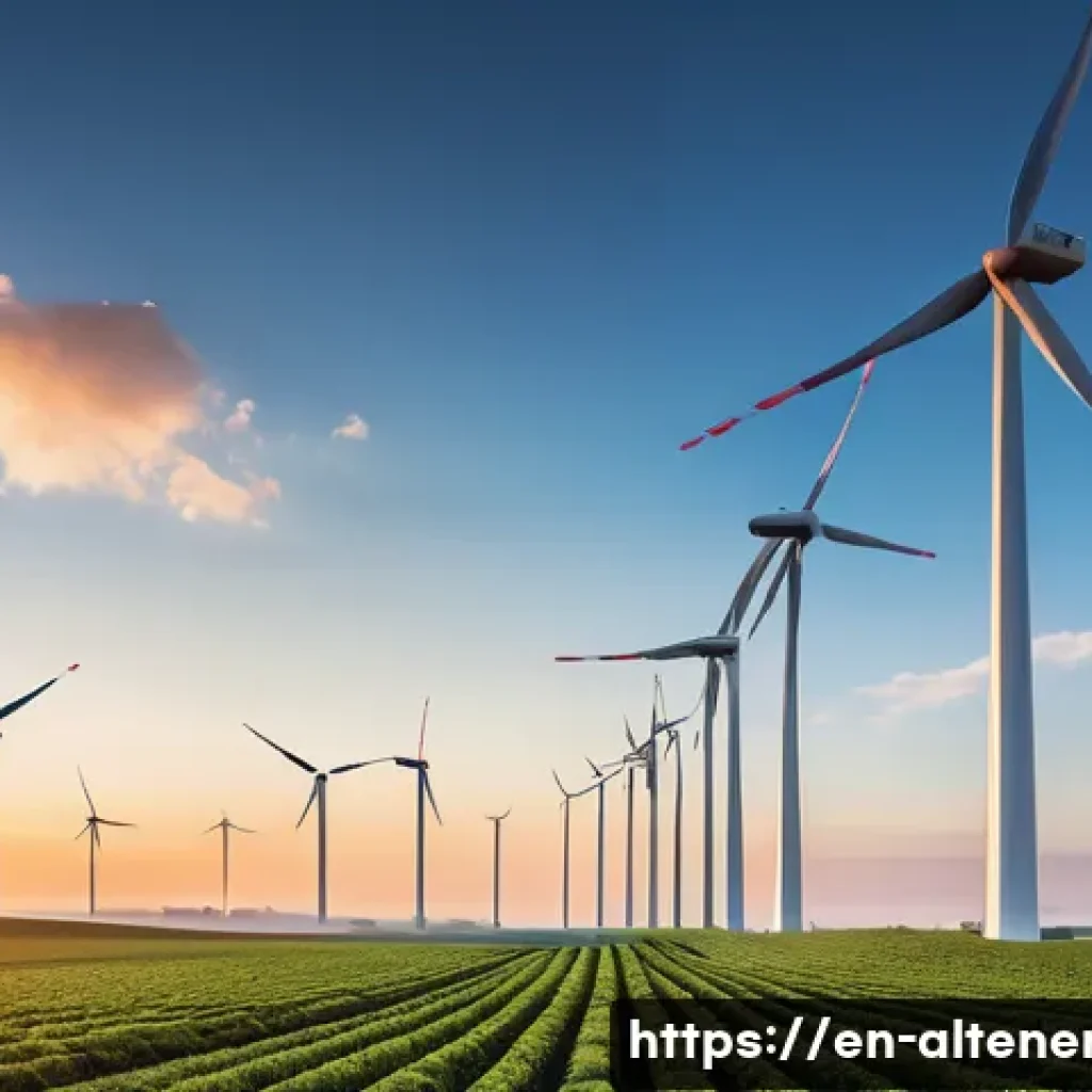 탈탄소화 전략과 대체에너지 - A wide, breathtaking panoramic view of a sprawling renewable energy landscape at dawn. In the foregr...