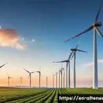 탈탄소화 전략과 대체에너지 - A wide, breathtaking panoramic view of a sprawling renewable energy landscape at dawn. In the foregr...