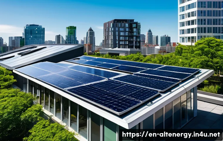 대체에너지 관련 상장 기업 - A futuristic rooftop solar installation featuring sleek, high-efficiency perovskite tandem solar pan...