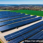 Home 21 대체에너지 발전과 기후 위기 - A detailed aerial view of a large solar farm under bright sunlight, featuring rows of blue photovolt...