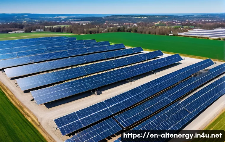 대체에너지 발전과 기후 위기 - A detailed aerial view of a large solar farm under bright sunlight, featuring rows of blue photovolt...