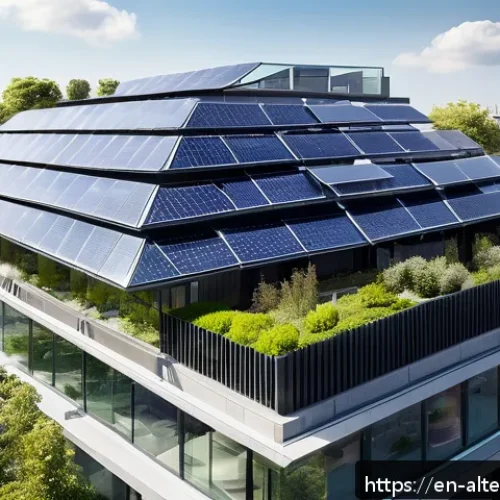 Home 32 대체에너지 기술 개발 동향 - A futuristic urban scene showcasing a sleek modern building with building-integrated photovoltaics (...