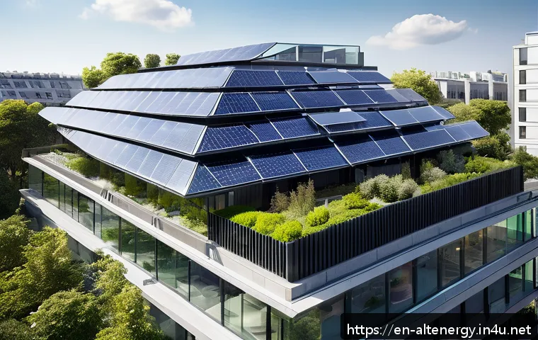 대체에너지 기술 개발 동향 - A futuristic urban scene showcasing a sleek modern building with building-integrated photovoltaics (...