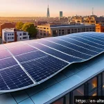 Home 19 대체에너지 기술 혁신 예측 - A futuristic cityscape at sunset showcasing large transparent and flexible perovskite solar panels i...