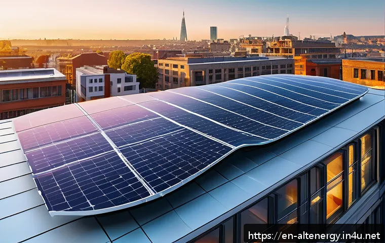 대체에너지 기술 혁신 예측 - A futuristic cityscape at sunset showcasing large transparent and flexible perovskite solar panels i...