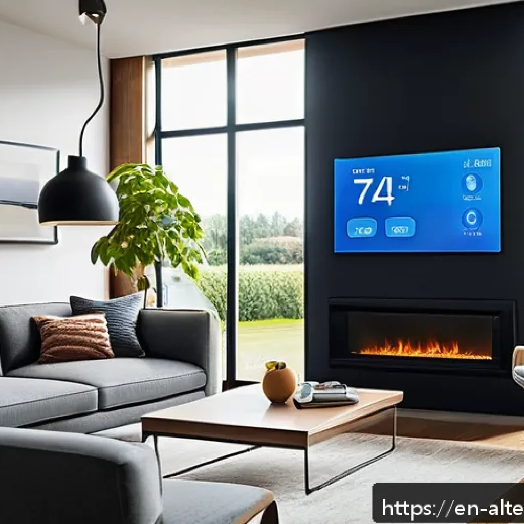 에너지 절감 스마트 가전 - A modern, sunlit living room featuring adaptive smart thermostats mounted on the wall, displaying te...