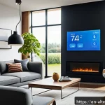 Home 18 에너지 절감 스마트 가전 - A modern, sunlit living room featuring adaptive smart thermostats mounted on the wall, displaying te...