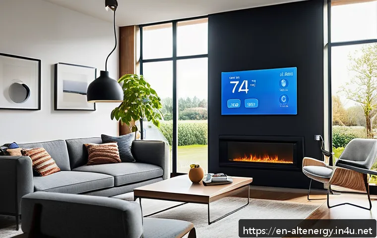 에너지 절감 스마트 가전 - A modern, sunlit living room featuring adaptive smart thermostats mounted on the wall, displaying te...