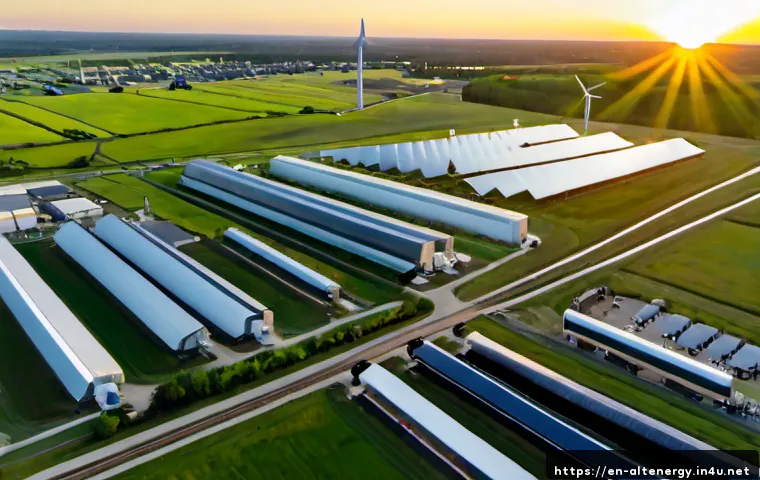 Home 17 대체에너지와 경제 성장 - Photorealistic aerial view of a thriving American regional town powered by renewable energy, expansi...