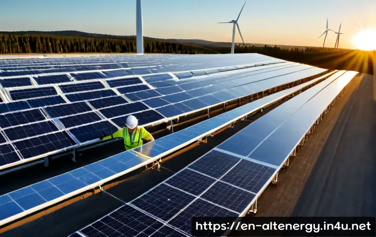 대체에너지의 기술적 발전 - Photorealistic wide-angle view of a modern renewable energy research campus at sunrise, sleek solar ...