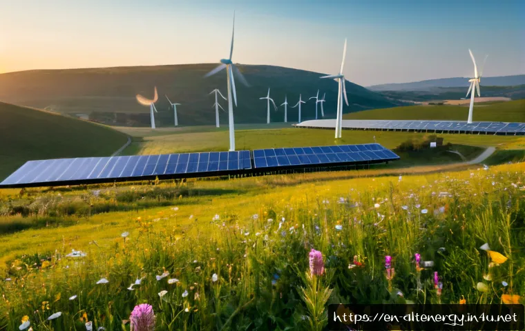 대체에너지 생산과 환경 - Photorealistic wide landscape of a modern renewable energy facility at sunrise, tall white wind turb...